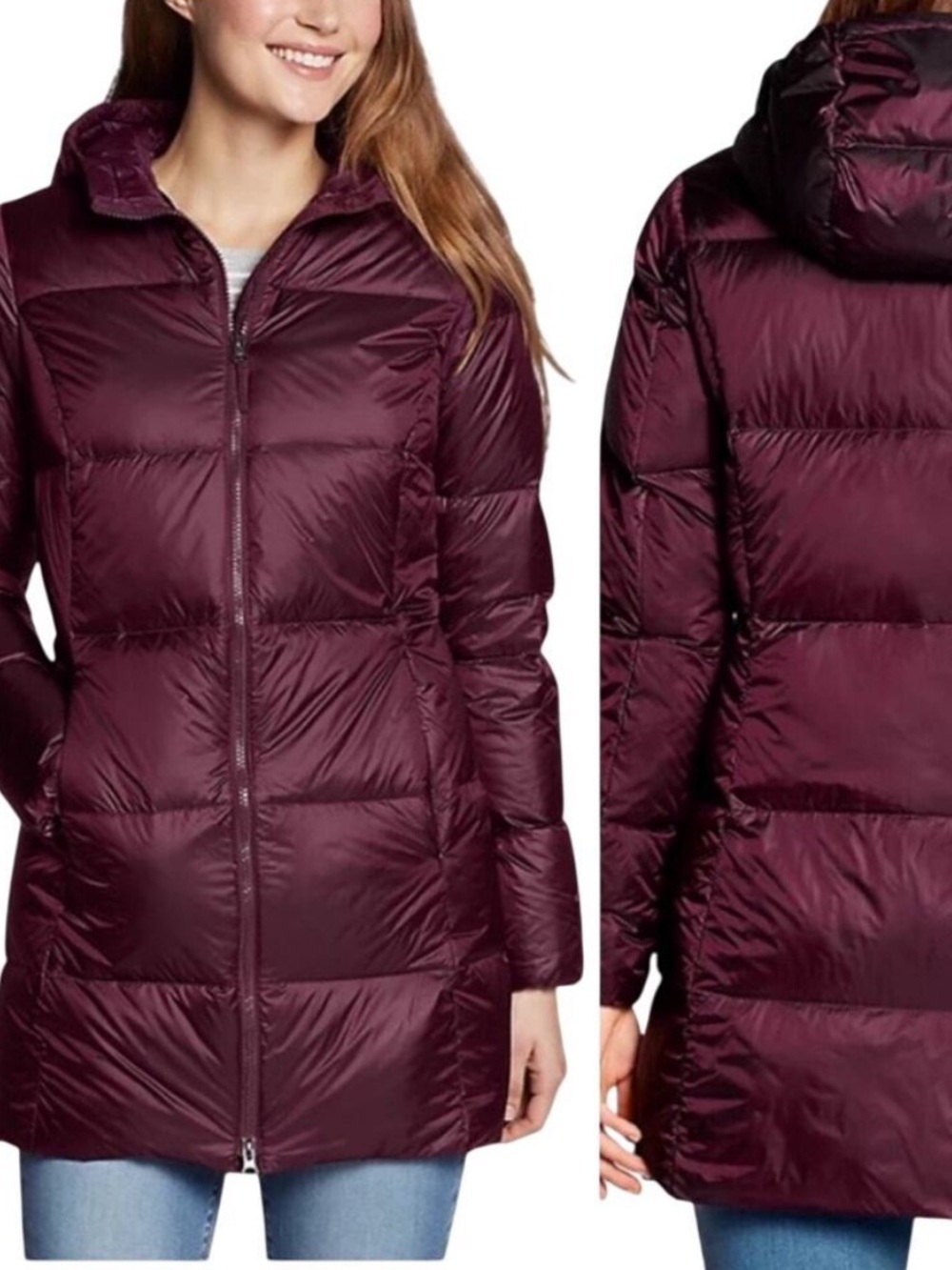 Eddie Bauer 550 Hooded Down Fill Long Puffer Coat in Plum Size Large